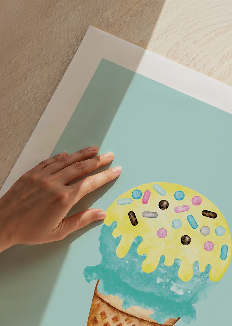 Illustrated ice cream in a cone with blue and yellow ice cream and sprinkles-12