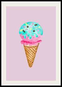 Illustrert iskremkjeks med blått strøssel på rosa bakgrunn-2