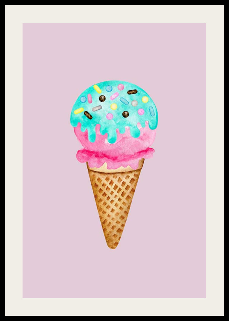 Illustrert iskremkjeks med blått strøssel på rosa bakgrunn-12