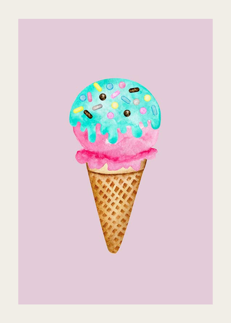 Illustrated ice cream cone with blue sprinkles on pink background-12