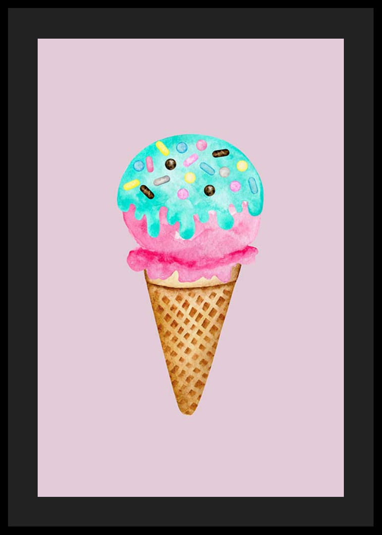 Illustrert iskremkjeks med blått strøssel på rosa bakgrunn-12