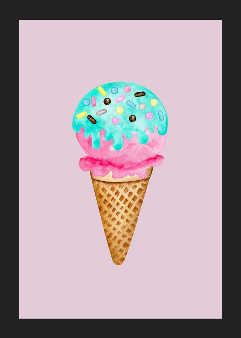 Illustrert iskremkjeks med blått strøssel på rosa bakgrunn-12