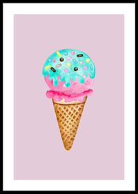 Illustrated ice cream cone with blue sprinkles on pink background-0