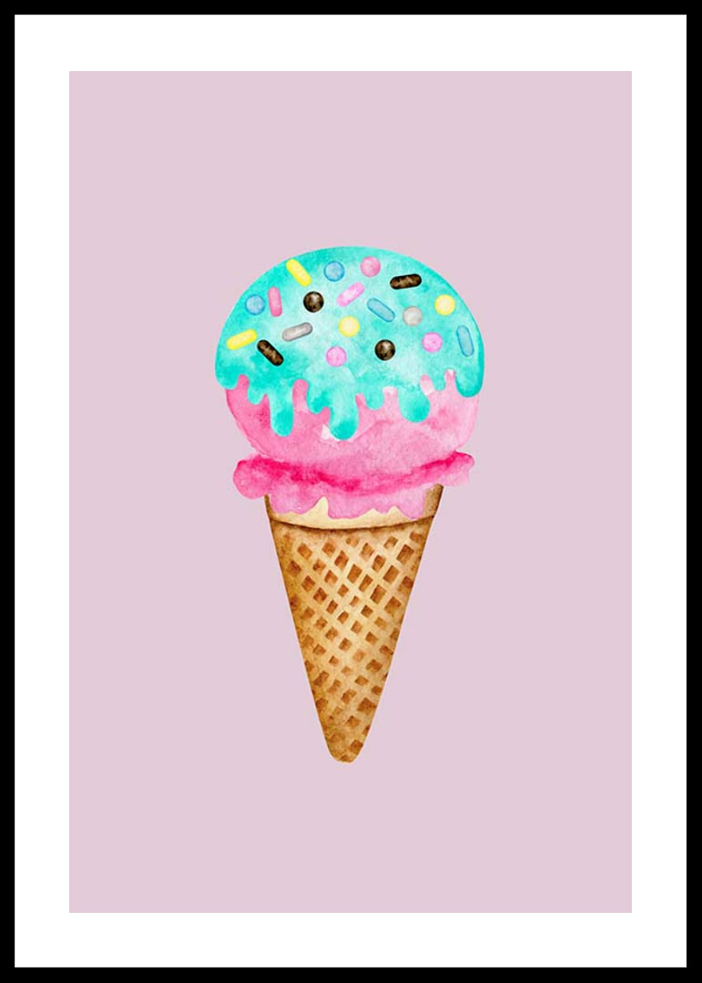 Illustrated ice cream cone with blue sprinkles on pink background-12