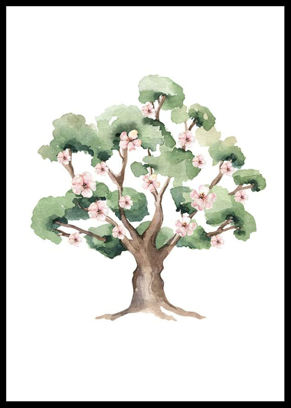 Watercolor painting of green tree with pink flowers on white background-12