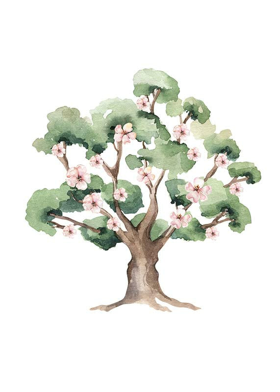 Watercolor painting of green tree with pink flowers on white background-12