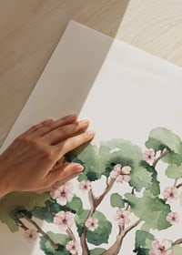 Watercolor painting of green tree with pink flowers on white background-3
