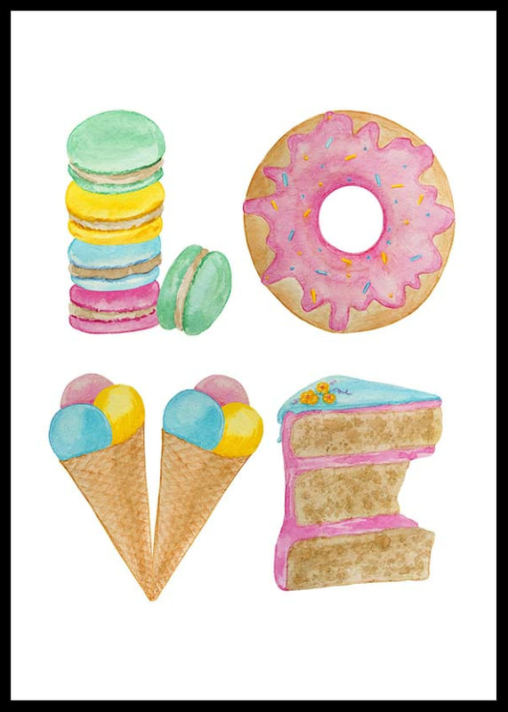 Watercolor illustration of cookies, donut, ice cream and cake in pastel colors-12