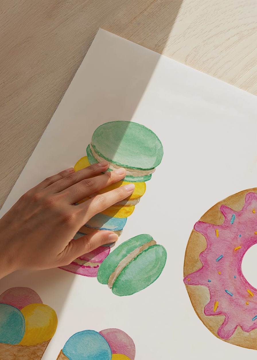 Watercolor illustration of cookies, donut, ice cream and cake in pastel colors-12
