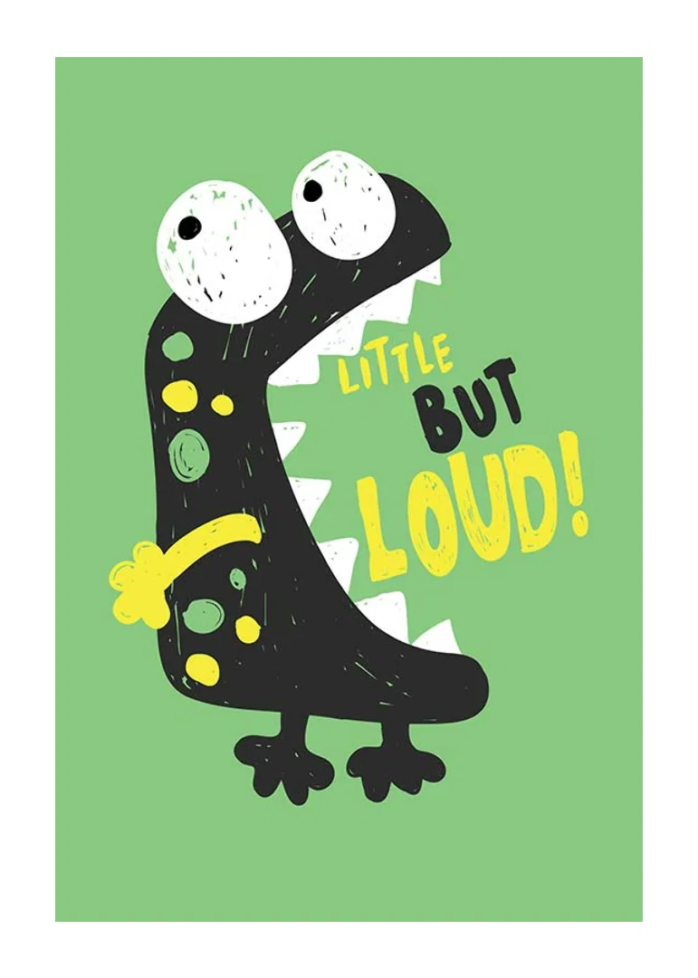 Illustrated black monster with big eyes on green background-12