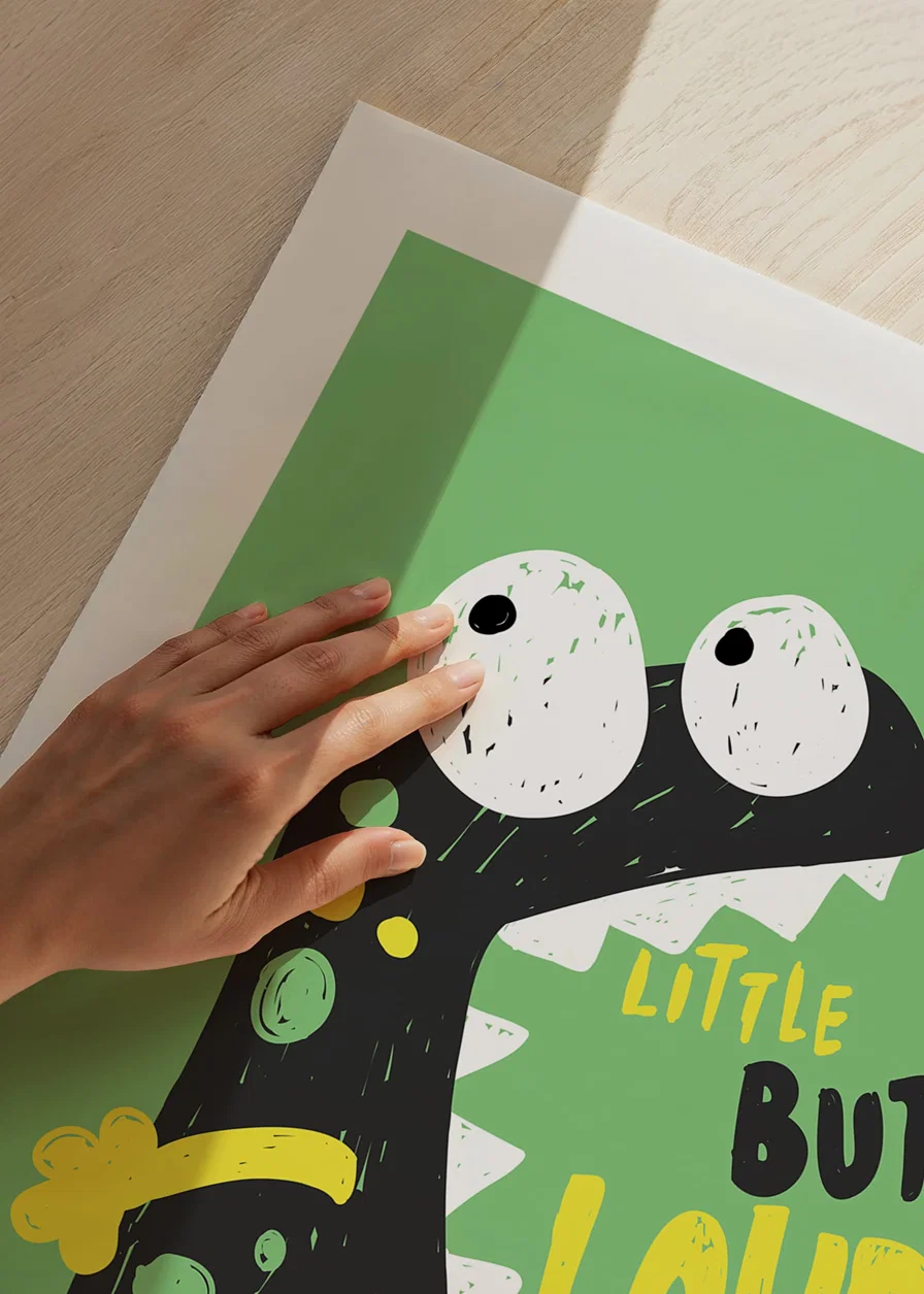 Illustrated black monster with big eyes on green background-12