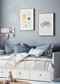 Watercolor illustration of blue toy car with number two-8