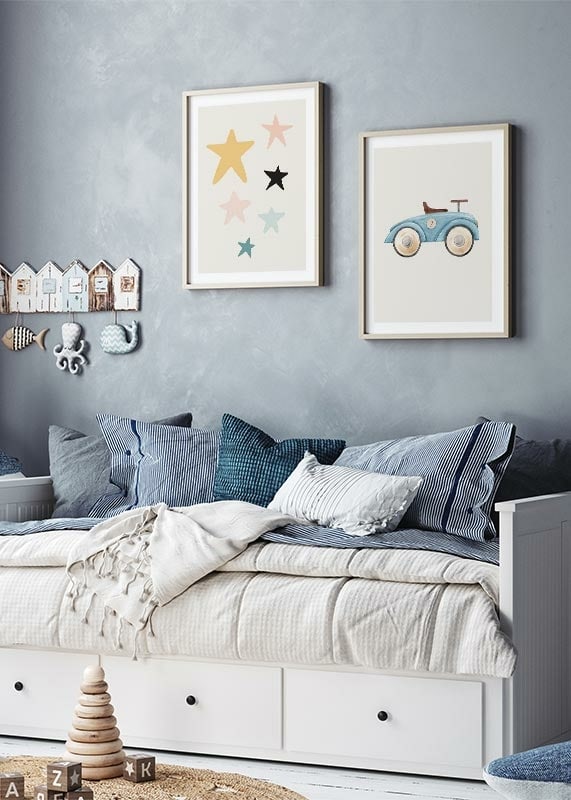 Watercolor illustration of blue toy car with number two-12