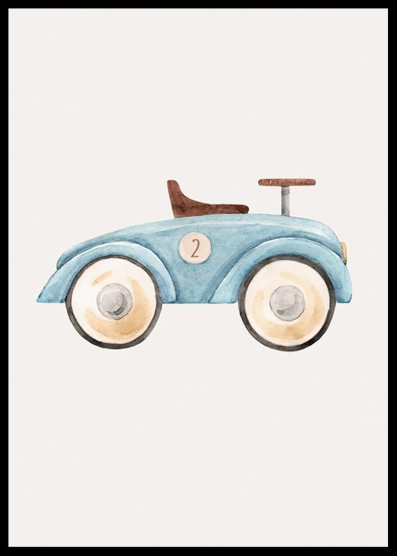 Watercolor illustration of blue toy car with number two-12