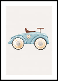 Watercolor illustration of blue toy car with number two-0