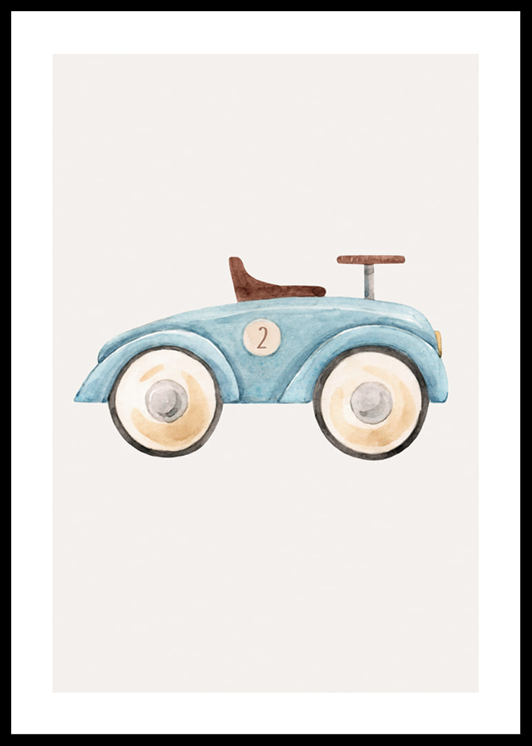Watercolor illustration of blue toy car with number two-12