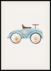 Watercolor illustration of blue toy car with number two-2