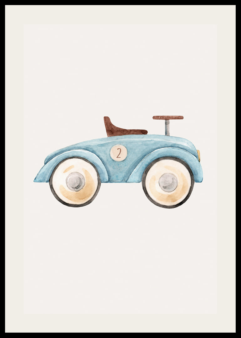 Watercolor illustration of blue toy car with number two-12