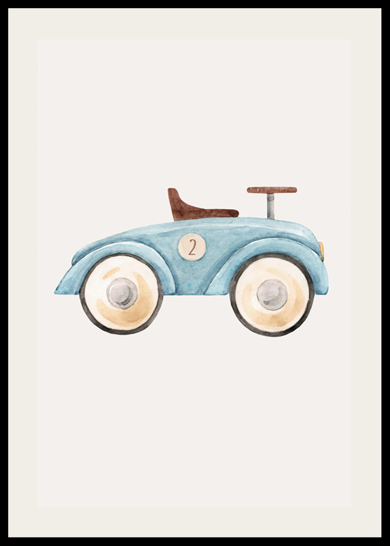 Illustration à l'aquarelle d'une petite voiture bleue avec le numéro deux-12