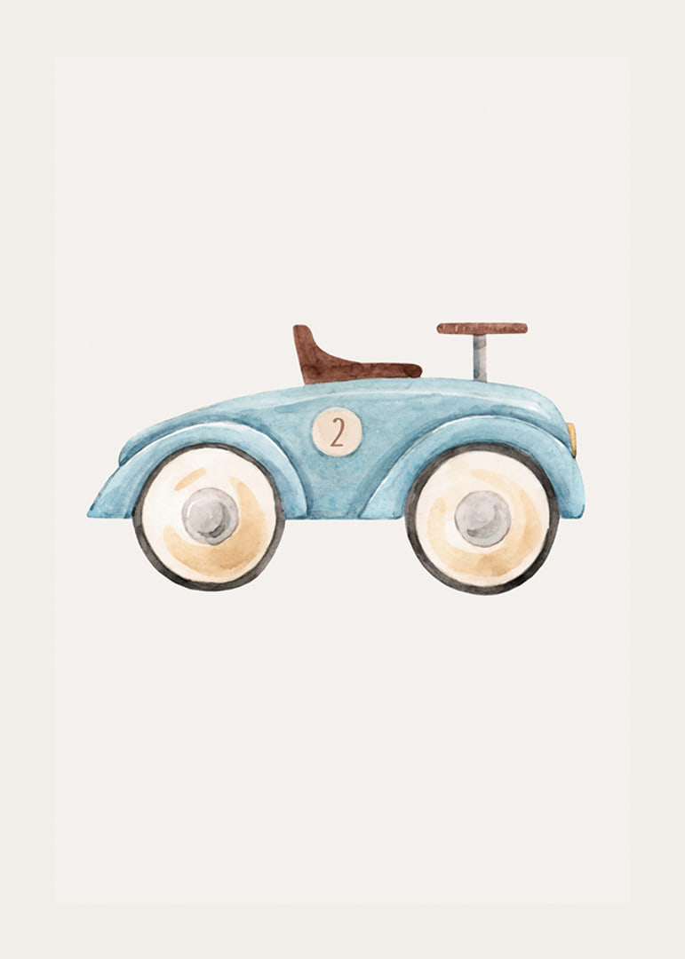 Watercolor illustration of blue toy car with number two-12