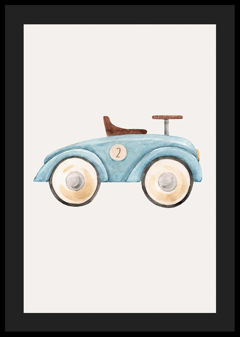 Illustration à l'aquarelle d'une petite voiture bleue avec le numéro deux-12