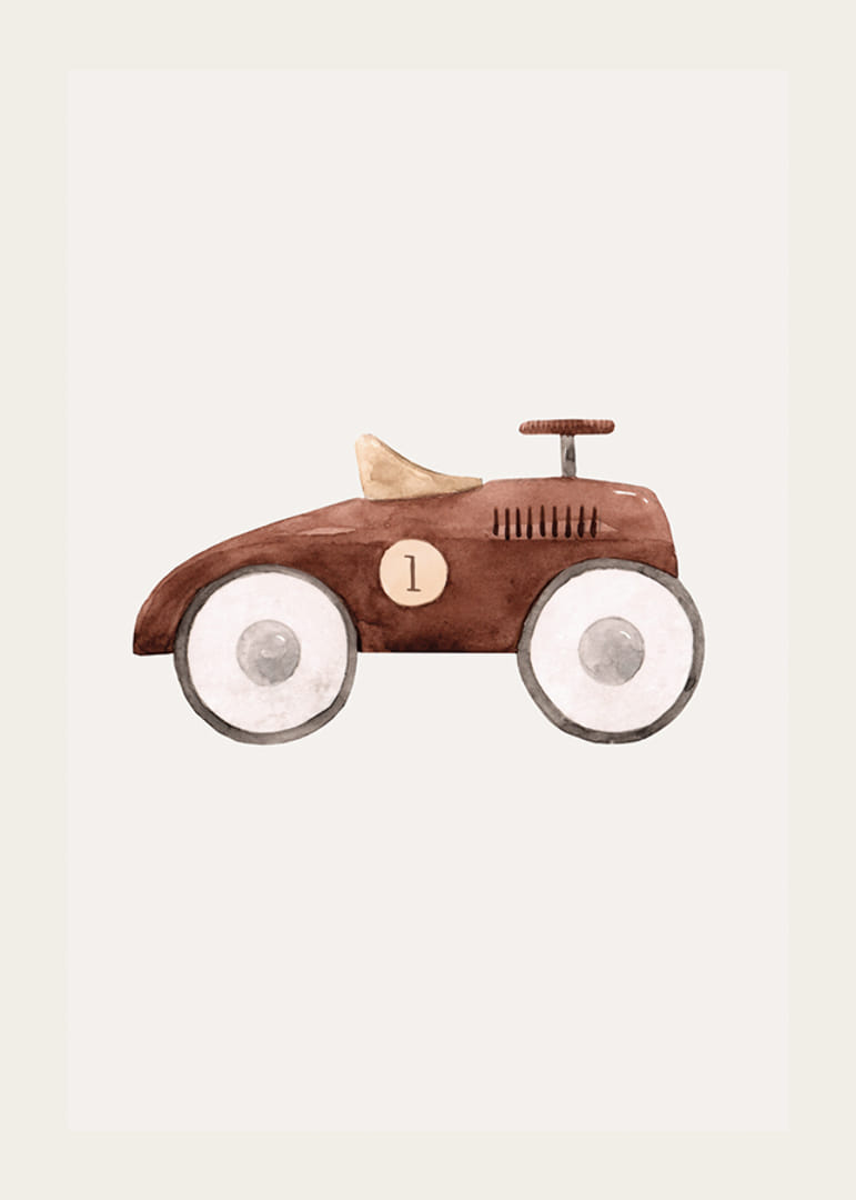 Aquarell-Illustration eines braunen Spielzeugautos mit weißen Rädern-12