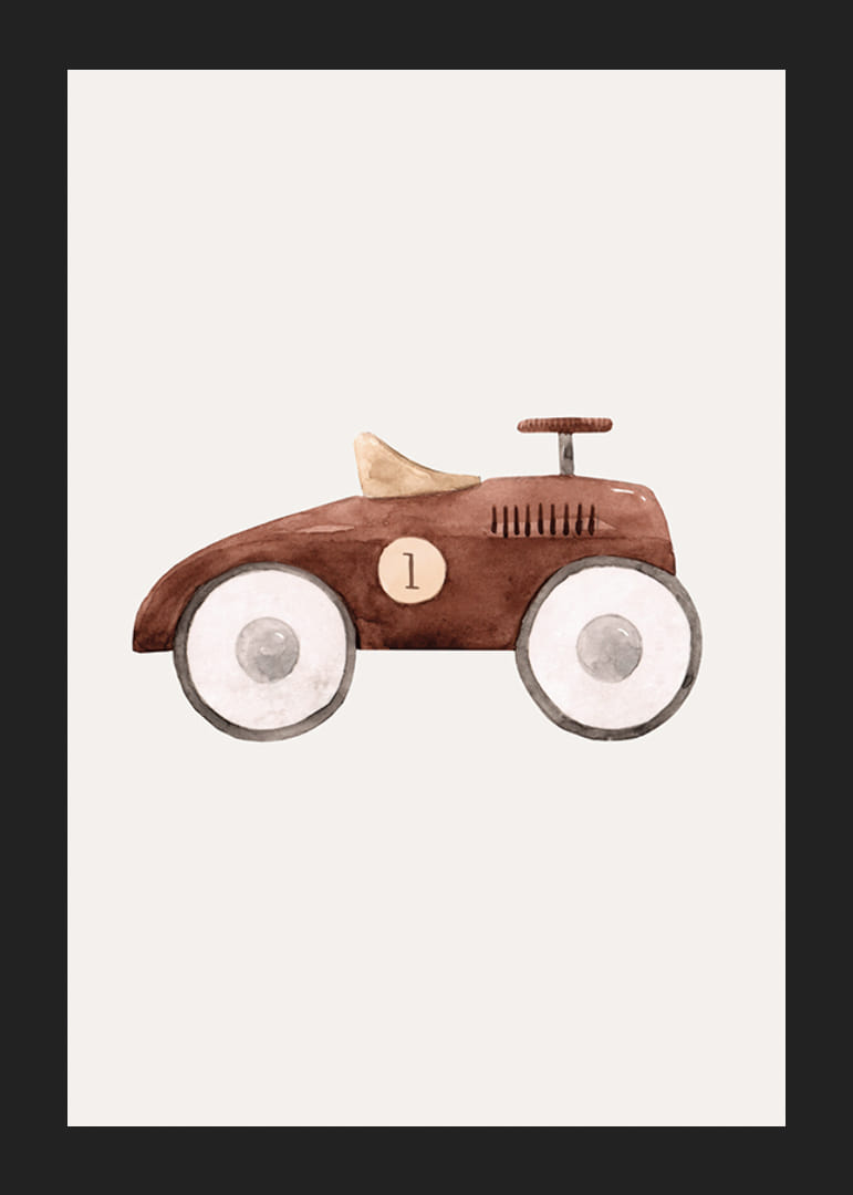 Aquarell-Illustration eines braunen Spielzeugautos mit weißen Rädern-12