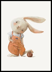 Illustrated hare in orange overalls with ball on light background-6