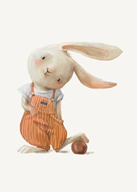 Illustrated hare in orange overalls with ball on light background-7