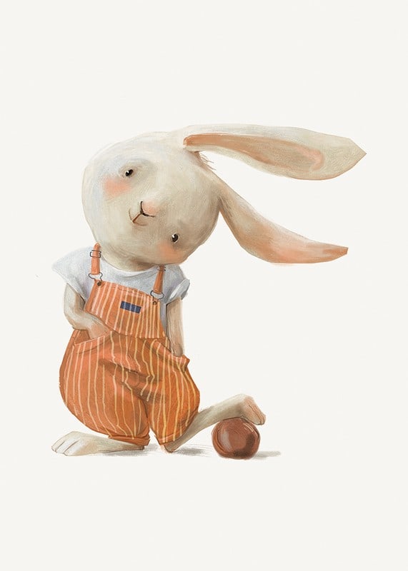 Illustrated hare in orange overalls with ball on light background-12