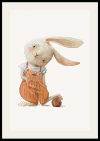 Illustrated hare in orange overalls with ball on light background-2