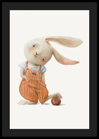 Illustrated hare in orange overalls with ball on light background-4