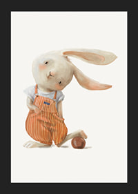 Illustrated hare in orange overalls with ball on light background-5