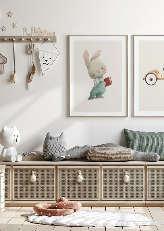 Illustrated young hare in blue overalls with red book-12