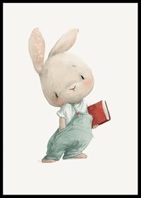 Illustrated young hare in blue overalls with red book-6