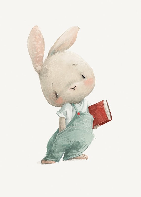 Illustrated young hare in blue overalls with red book-12
