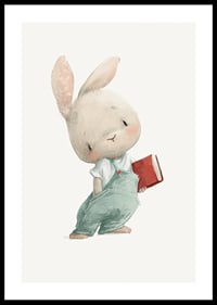 Illustrated young hare in blue overalls with red book-0