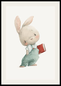 Illustrerad ung hare i blå hängselbyxor med röd bok-2