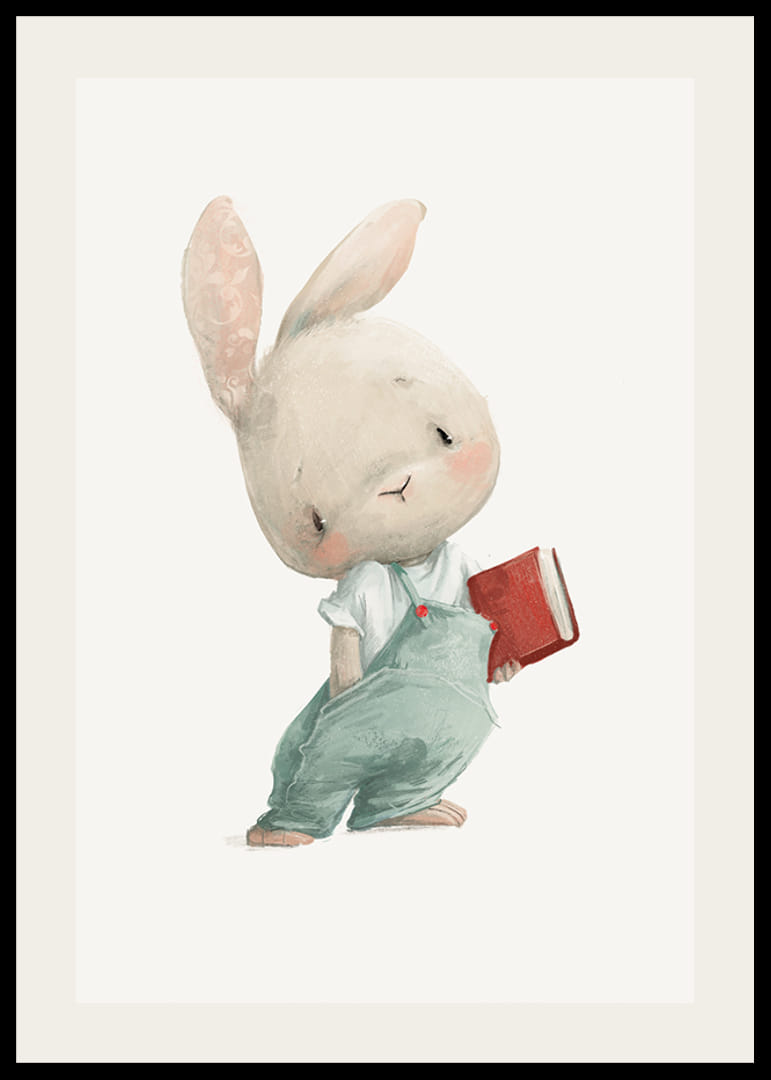 Illustrerad ung hare i blå hängselbyxor med röd bok-12