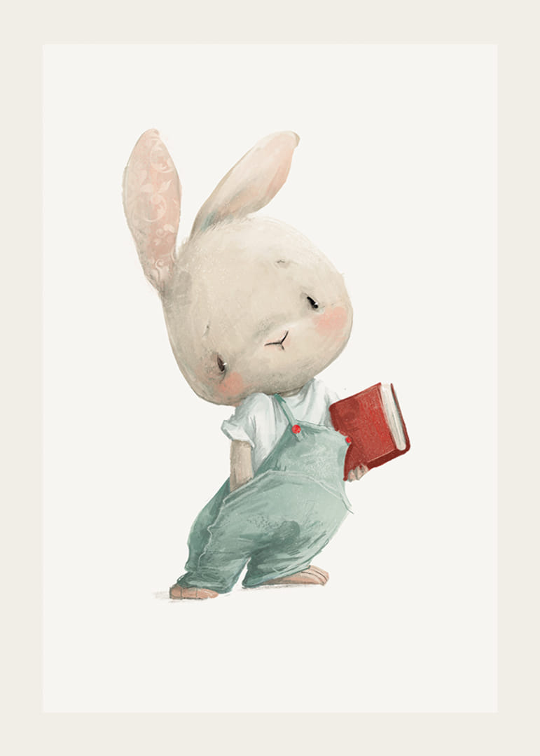 Illustrerad ung hare i blå hängselbyxor med röd bok-12