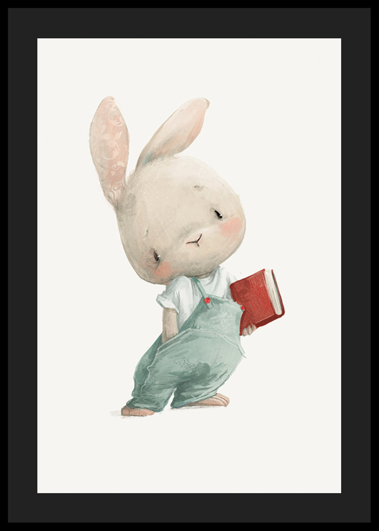 Illustrated young hare in blue overalls with red book-12