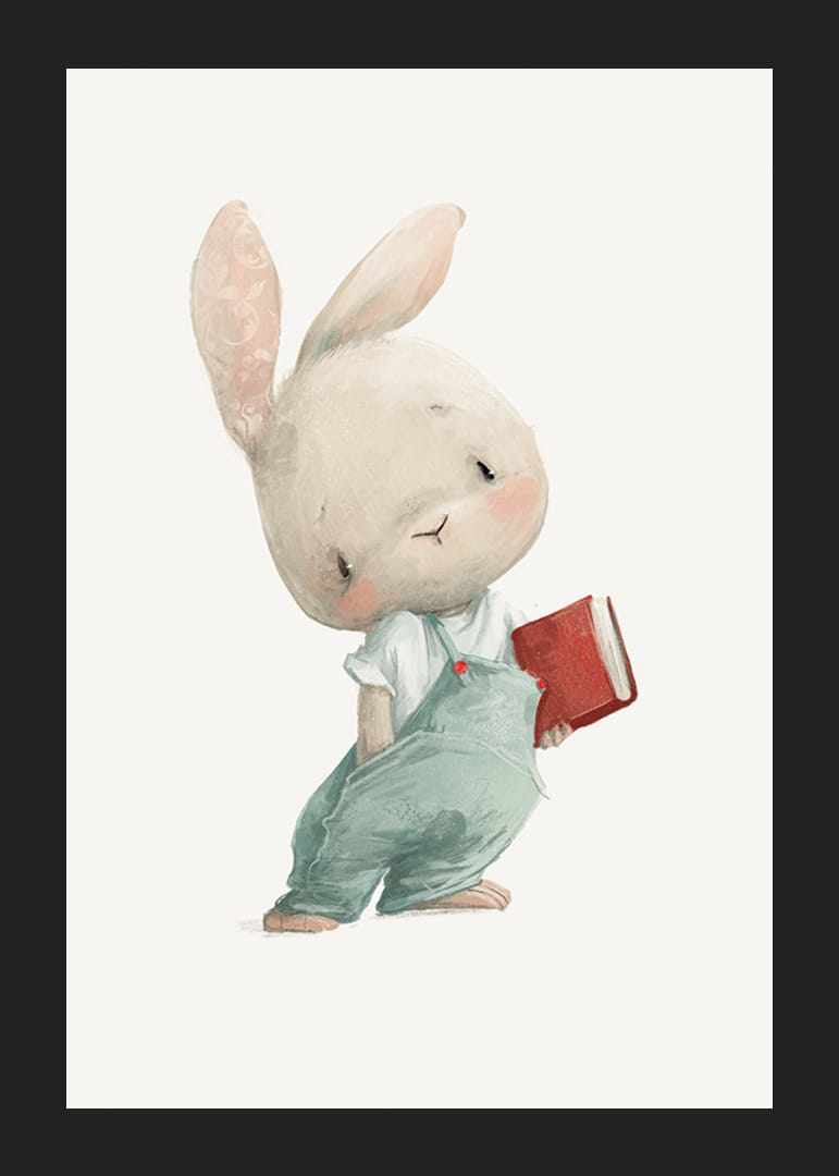 Illustrerad ung hare i blå hängselbyxor med röd bok-12