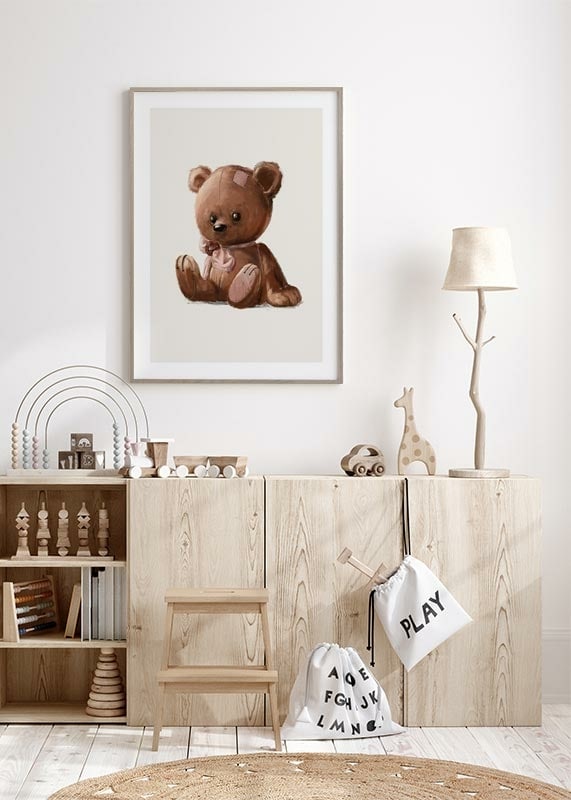 Illustrated brown teddy bear with pink bow and patches-12
