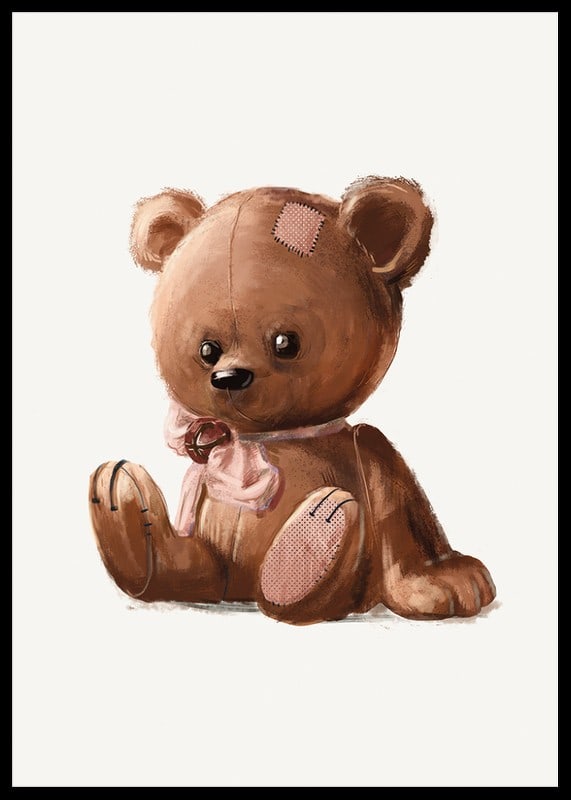 Illustrated brown teddy bear with pink bow and patches-12
