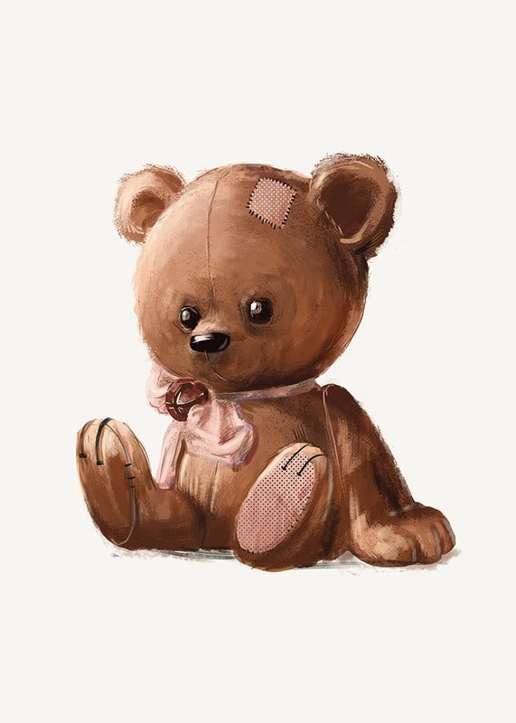 Illustrated brown teddy bear with pink bow and patches-12