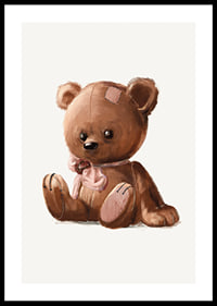 Illustrated brown teddy bear with pink bow and patches-0
