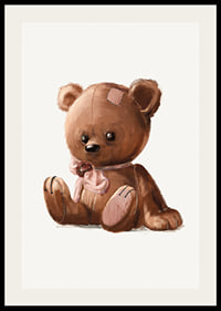 Illustrated brown teddy bear with pink bow and patches-2