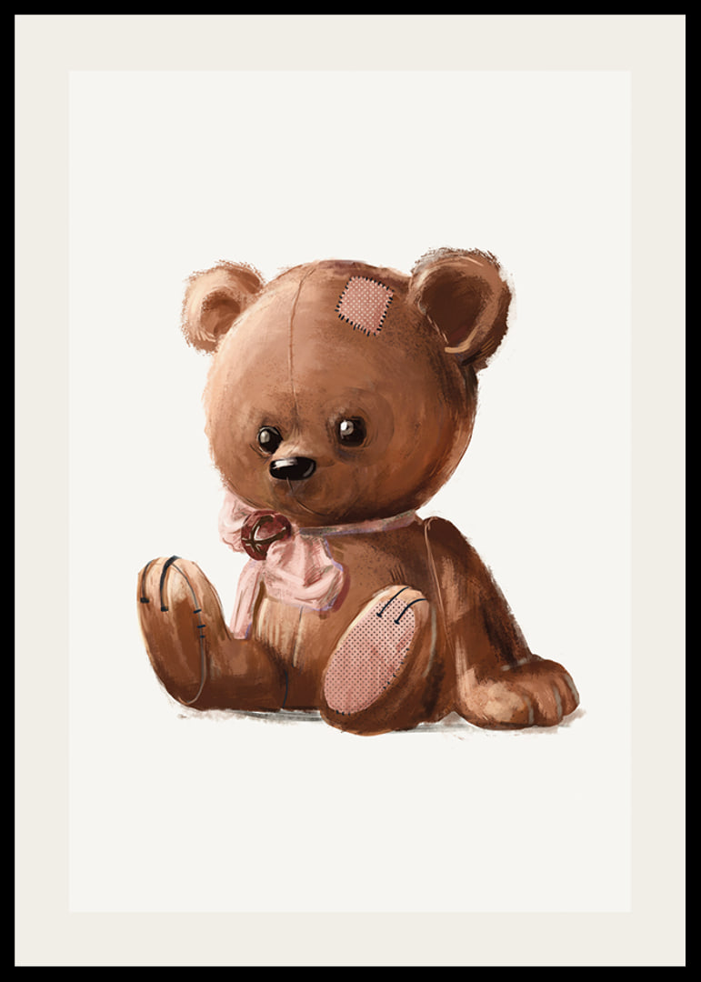 Illustrated brown teddy bear with pink bow and patches-12