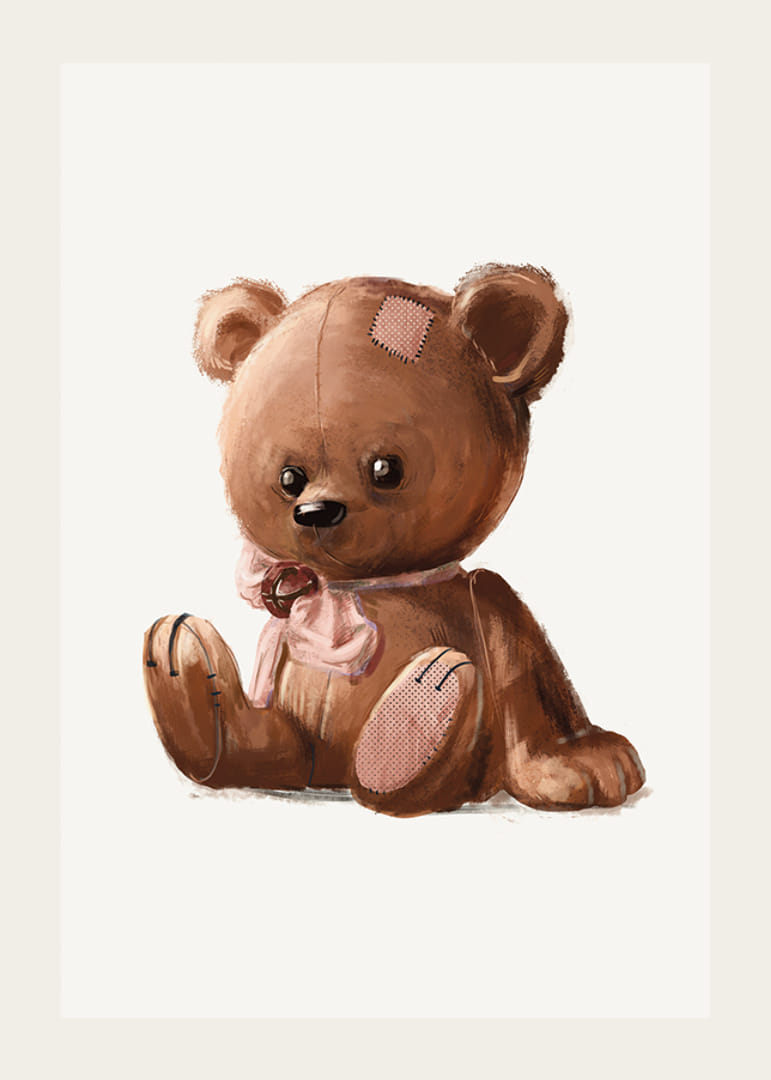 Ursuleț de pluș maro ilustrat cu fundă roz și petice-12