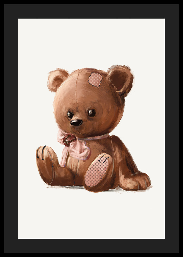 Illustrated brown teddy bear with pink bow and patches-12